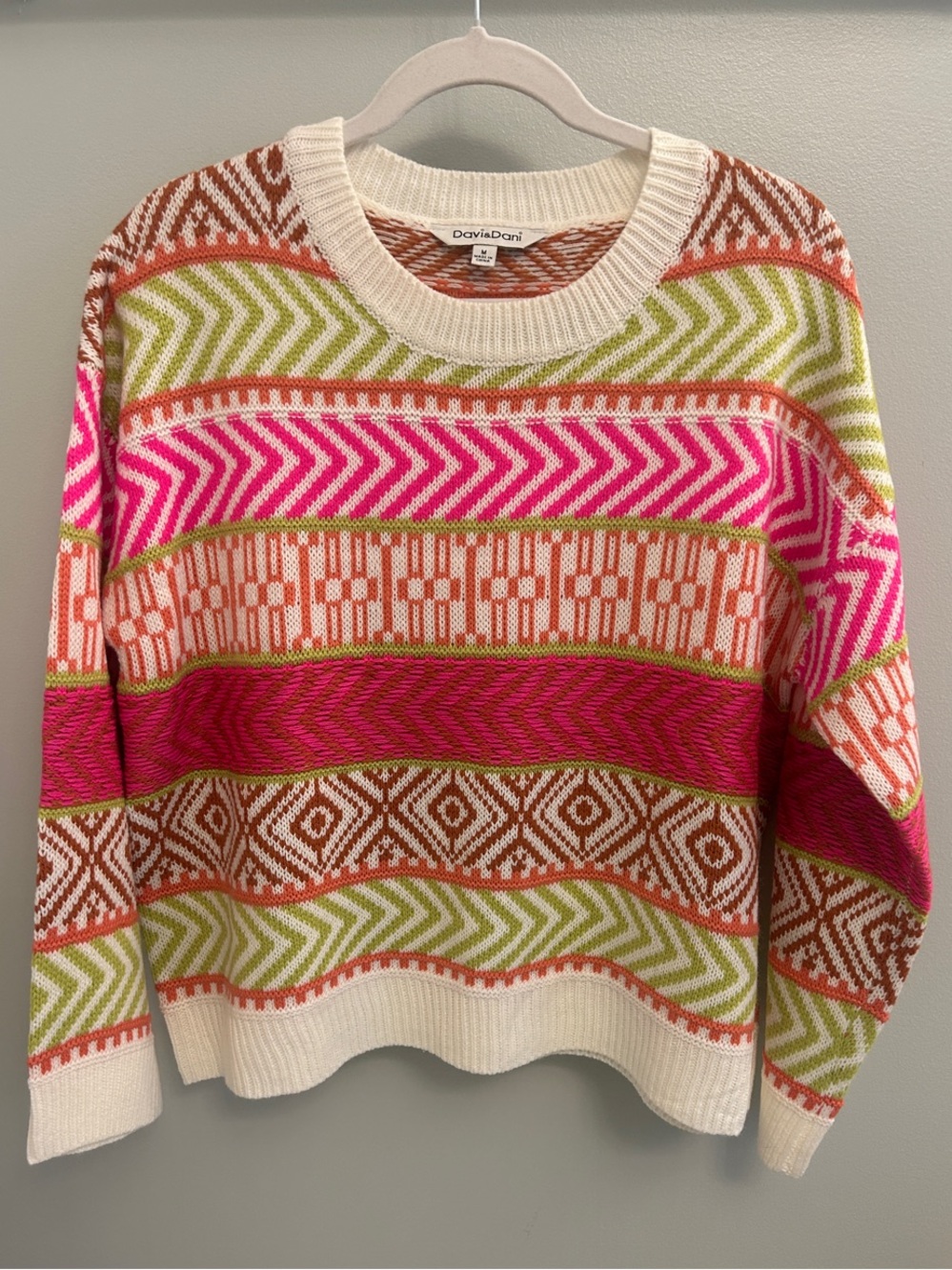 DAVI & DANI Cream, Pink, Lime & Brown Patterned Crewneck Sweater